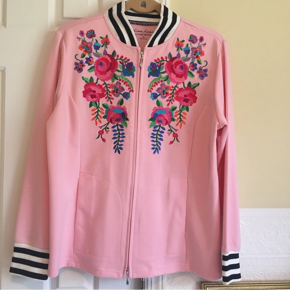 Sweaters - Pink sweater with black & white striped trim featuring bright florals size M